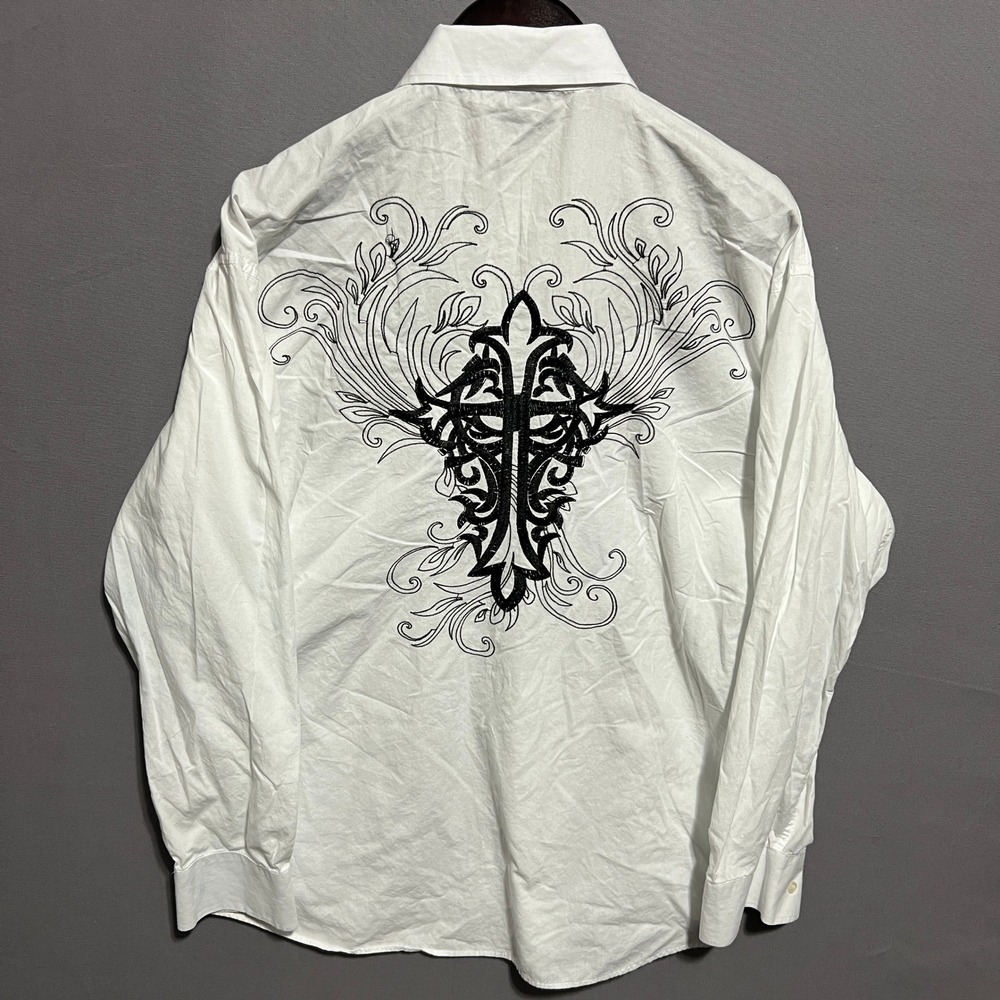 Milano Moda Mens XL White Embroidered Cross Gothic Button Down Shirt Long Sleeve